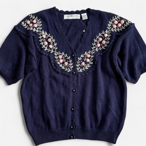 Maggie Lawrence Sweaters - Vintage Maggie Lawrence Collection Navy Knit Pink Embroidered Flowers Sweater